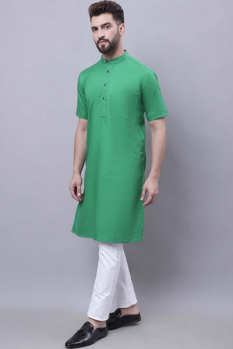 Buy Men's Green Cotton Solid Long Kurta Top Online - Zoom Out