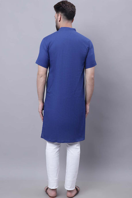 Buy Men's Blue Cotton Self Design Long Kurta Top Online - Front
