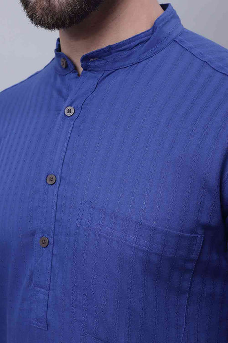 Buy Men's Blue Cotton Self Design Long Kurta Top Online - Side