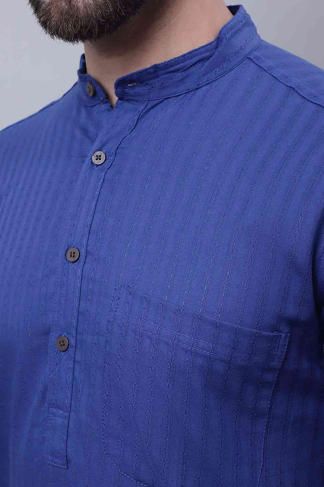 Buy Men's Blue Cotton Self Design Long Kurta Top Online - Side