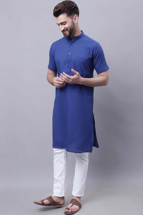 Buy Men's Blue Cotton Self Design Long Kurta Top Online - Zoom Out