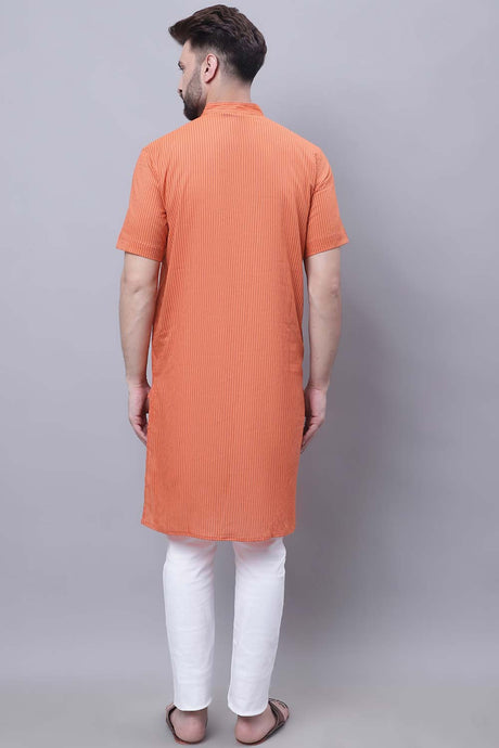 Buy Men's Rust Cotton Striped Long Kurta Top Online - Front