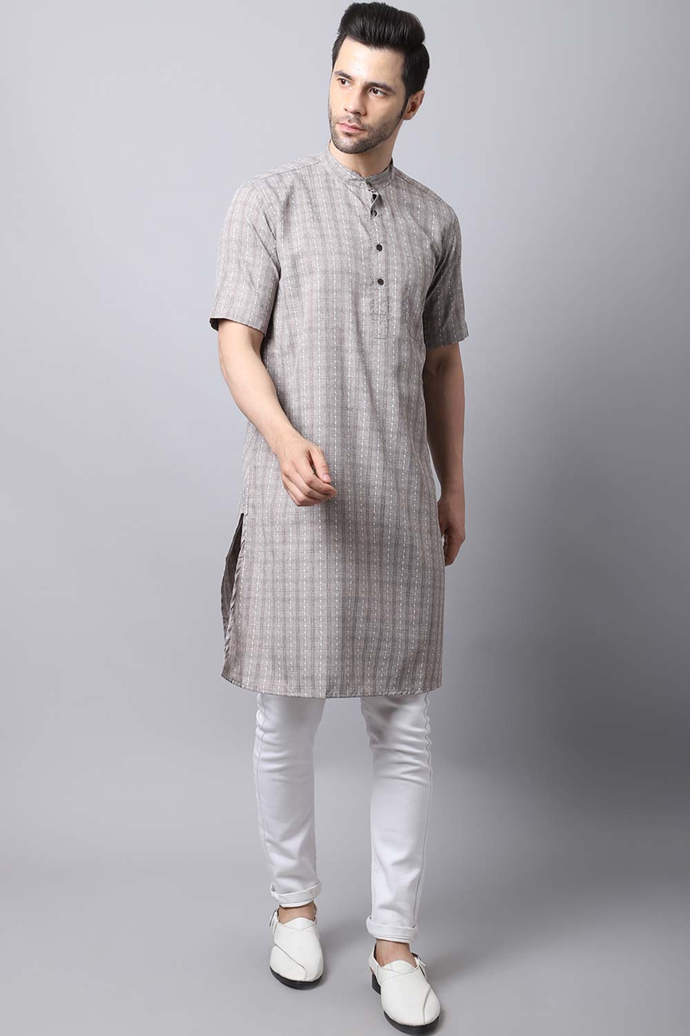 Men's Dark Brown Checks Full Sleeve Long Kurta Top (LHS-STR1162-BRC)