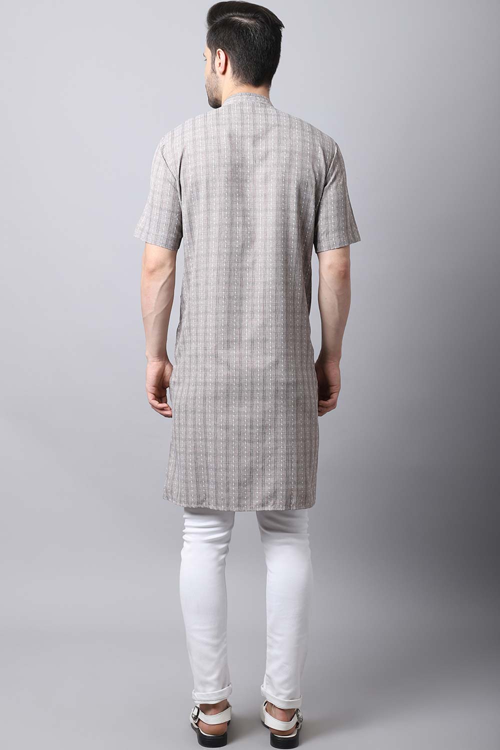 Men's Dark Brown Checks Full Sleeve Long Kurta Top (LHS-STR1162-BRC)