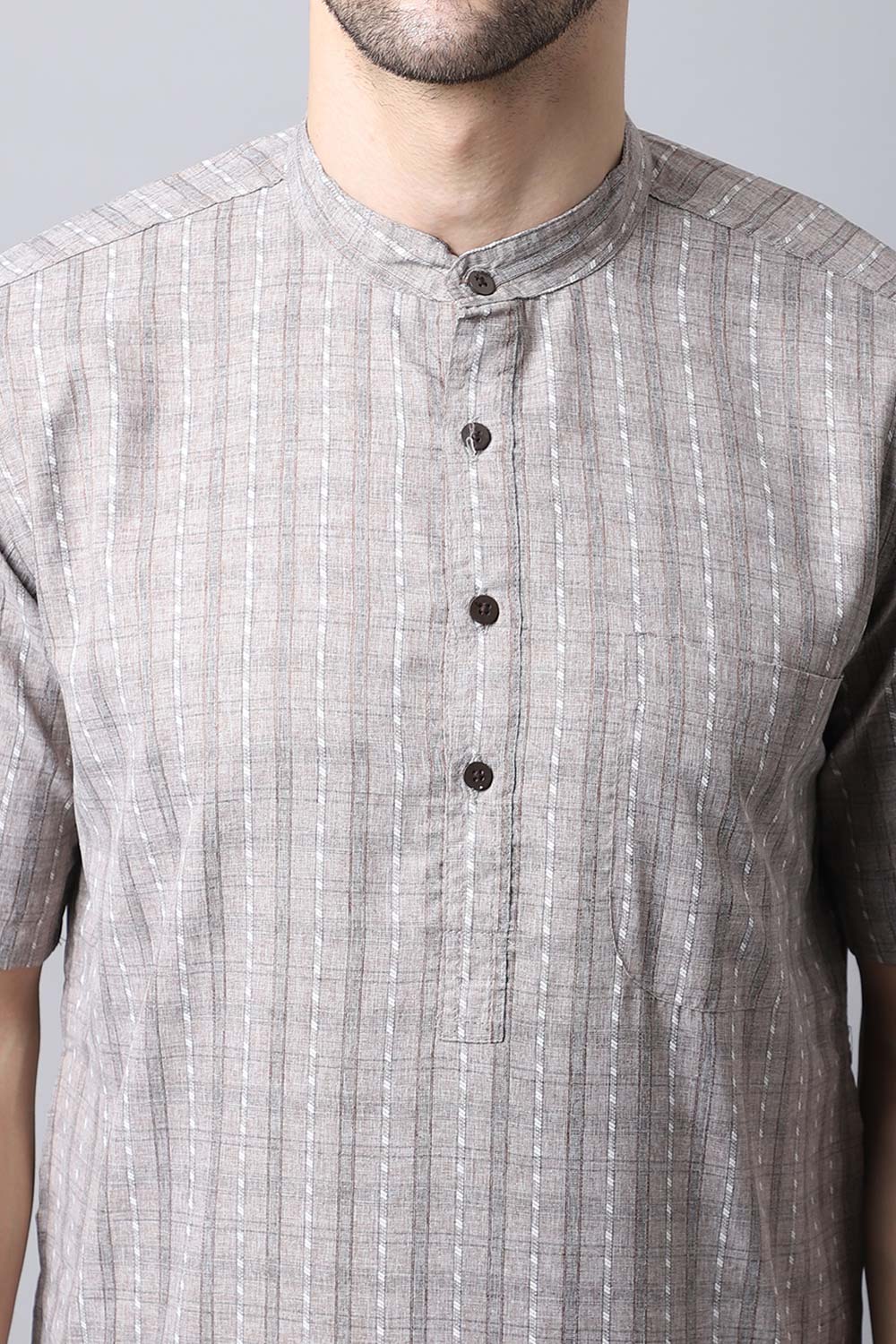 Men's Dark Brown Checks Full Sleeve Long Kurta Top (LHS-STR1162-BRC)