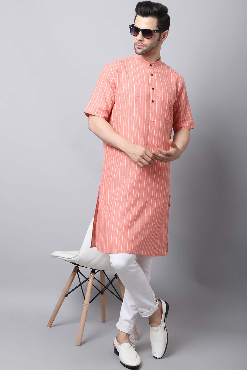 Men's Bright Orange Checks Full Sleeve Long Kurta Top (LHS-STR1171-ORC)