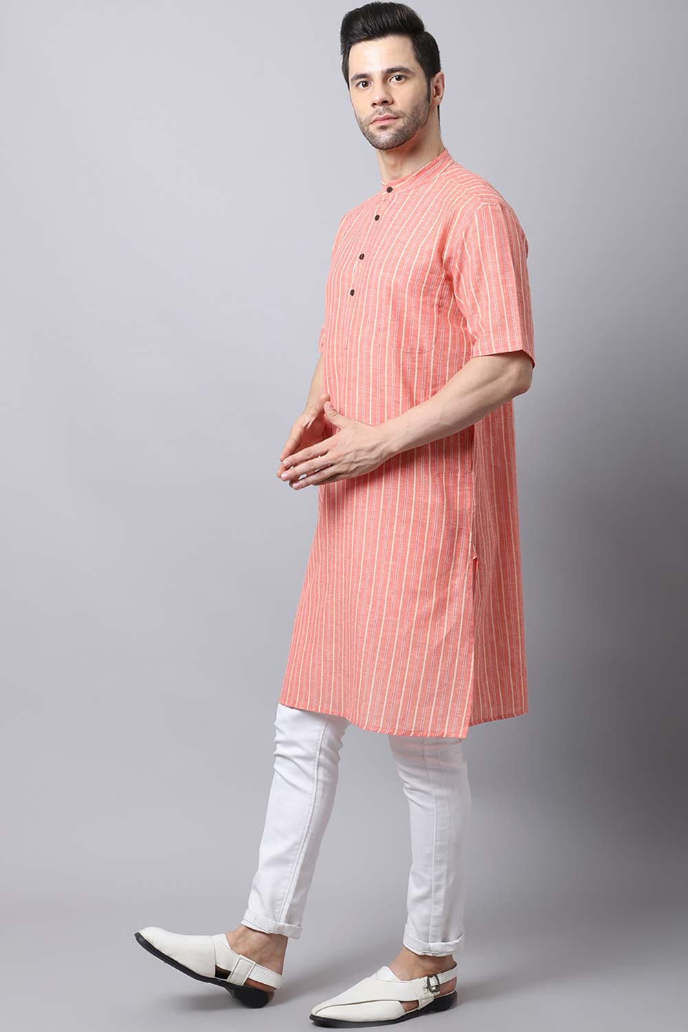 Men's Bright Orange Checks Full Sleeve Long Kurta Top (LHS-STR1171-ORC)