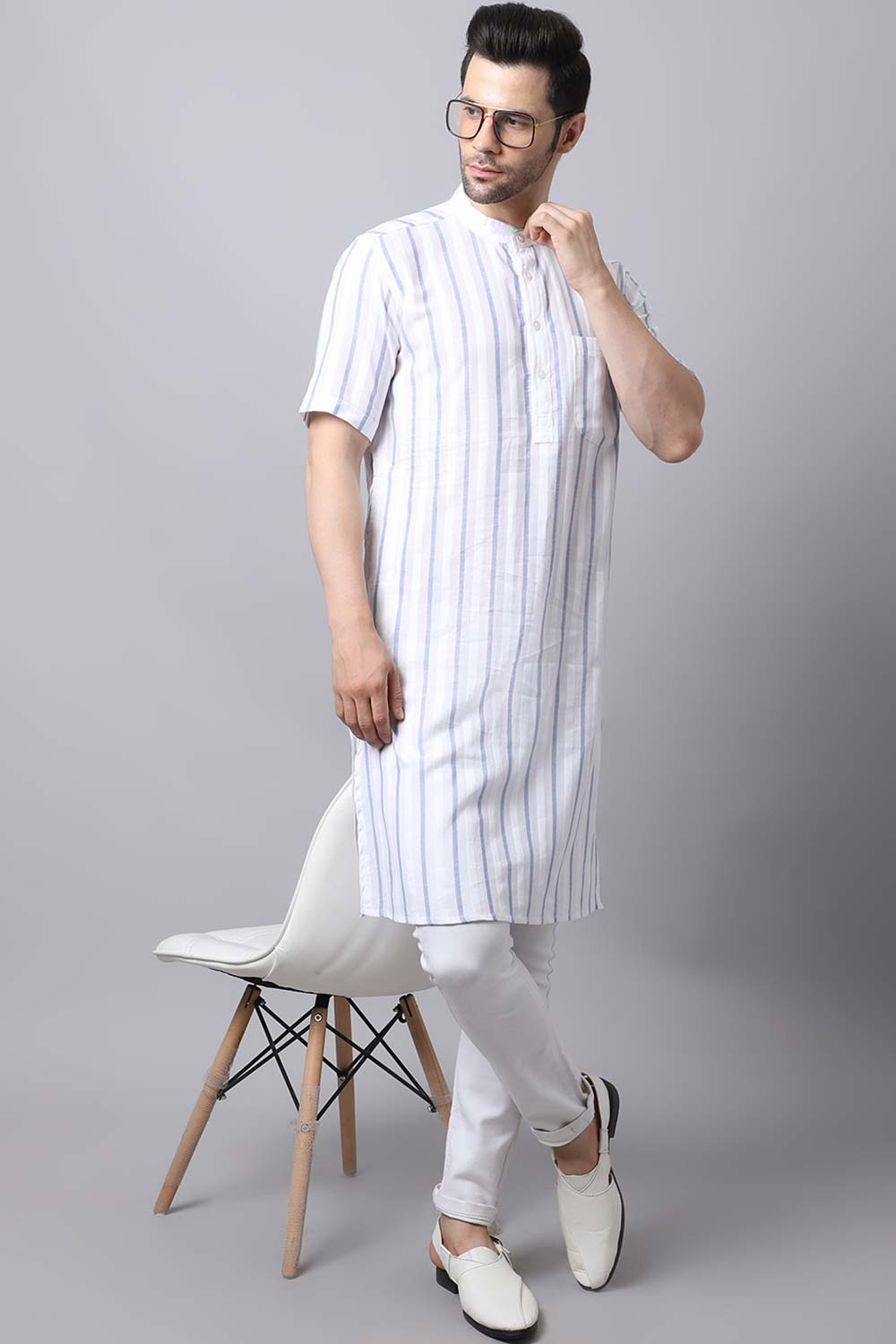 Men's Light White Stripe Full Sleeve Long Kurta Top (LHS-STR1178-WHC)