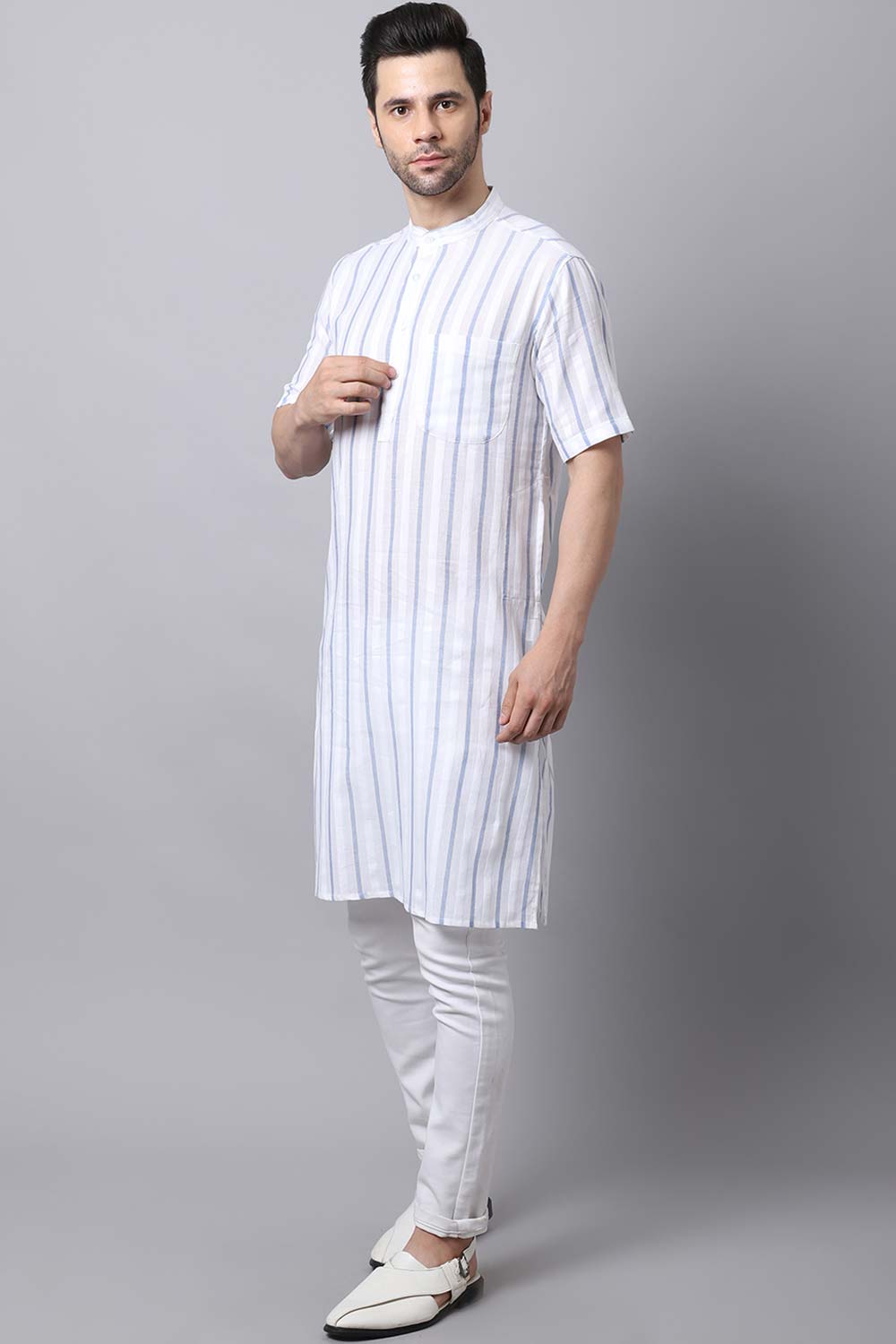 Men's Light White Stripe Full Sleeve Long Kurta Top (LHS-STR1178-WHC)