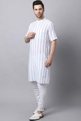 Men's Light White Stripe Full Sleeve Long Kurta Top (LHS-STR1178-WHC)