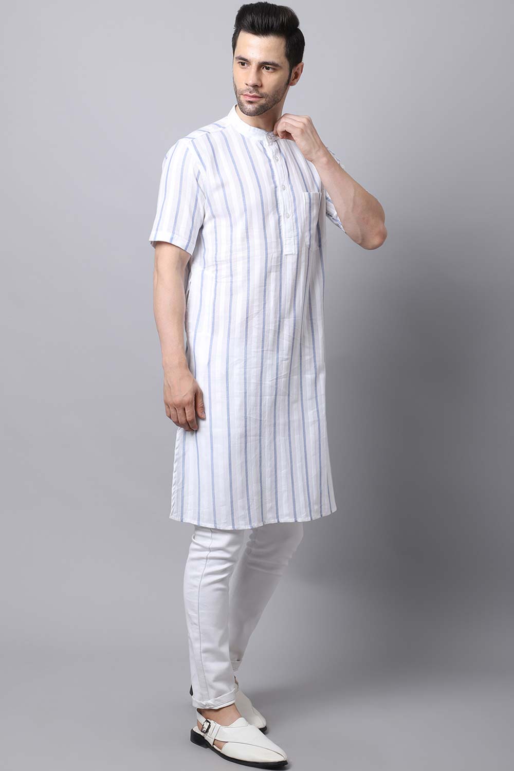 Men's Light White Stripe Full Sleeve Long Kurta Top (LHS-STR1178-WHC)
