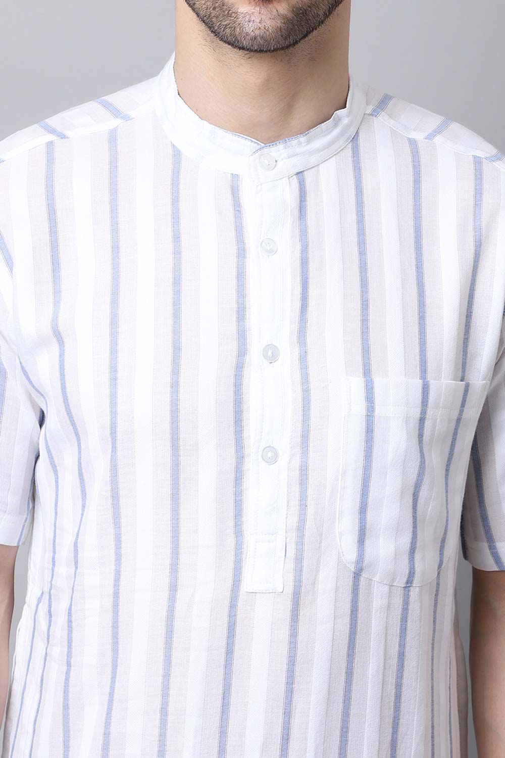 Men's Light White Stripe Full Sleeve Long Kurta Top (LHS-STR1178-WHC)