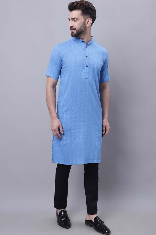 Buy Men's Blue Cotton Striped Long Kurta Top Online - Back