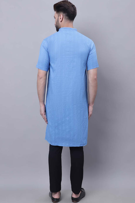 Buy Men's Blue Cotton Striped Long Kurta Top Online - Front