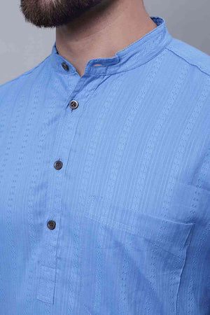Buy Men's Blue Cotton Striped Long Kurta Top Online - Side