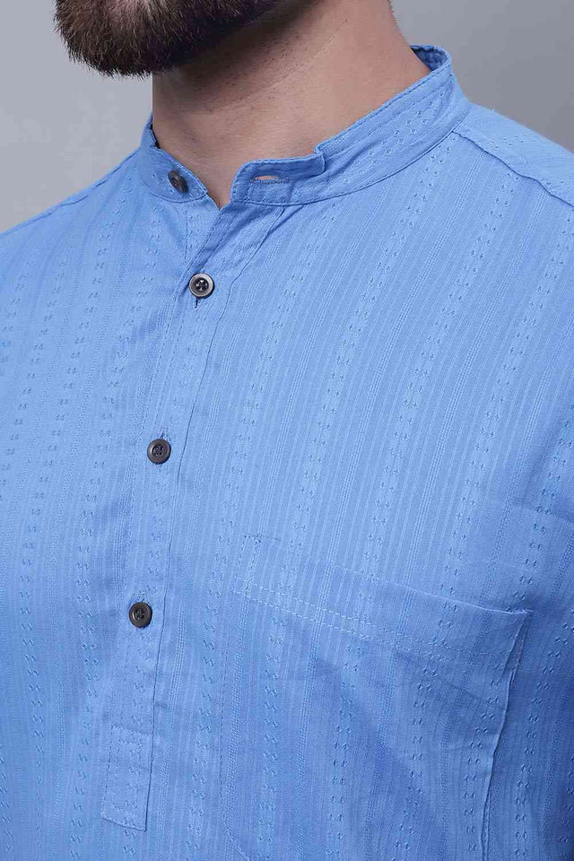 Buy Men's Blue Cotton Striped Long Kurta Top Online - Side