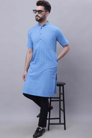 Buy Men's Blue Cotton Striped Long Kurta Top Online - Zoom In