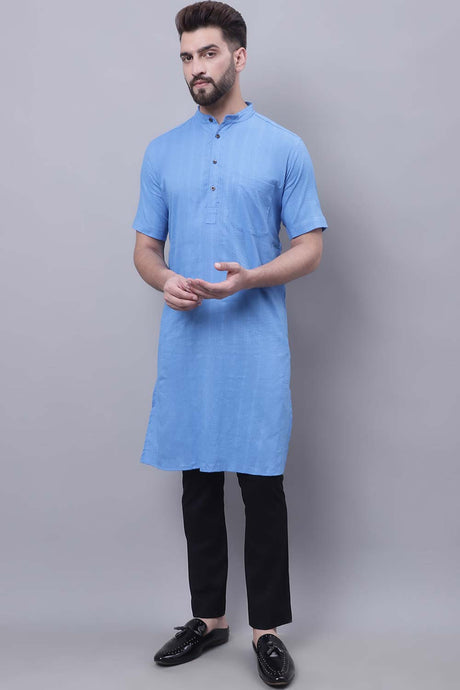 Buy Men's Blue Cotton Striped Long Kurta Top Online - Zoom Out