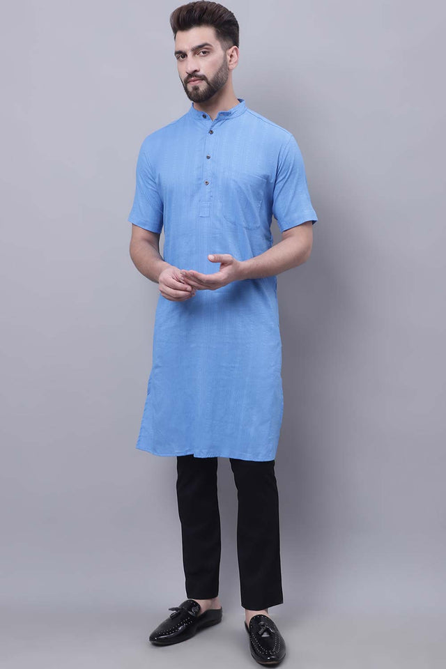 Buy Men's Blue Cotton Striped Long Kurta Top Online - Zoom Out