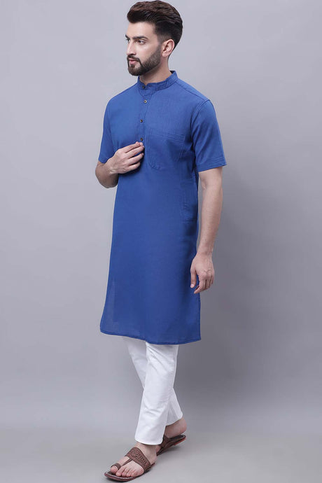 Buy Men's Blue Cotton Striped Long Kurta Top Online - Back