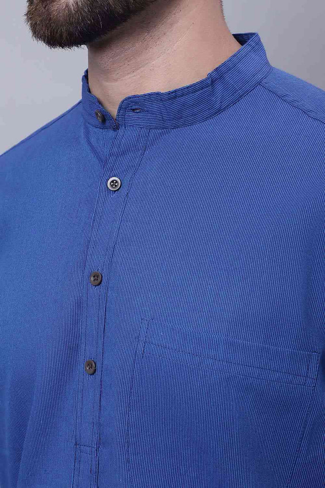 Buy Men's Blue Cotton Striped Long Kurta Top Online - Side