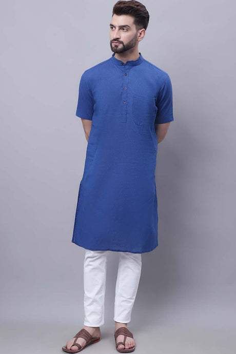 Buy Men's Blue Cotton Striped Long Kurta Top Online - Zoom In