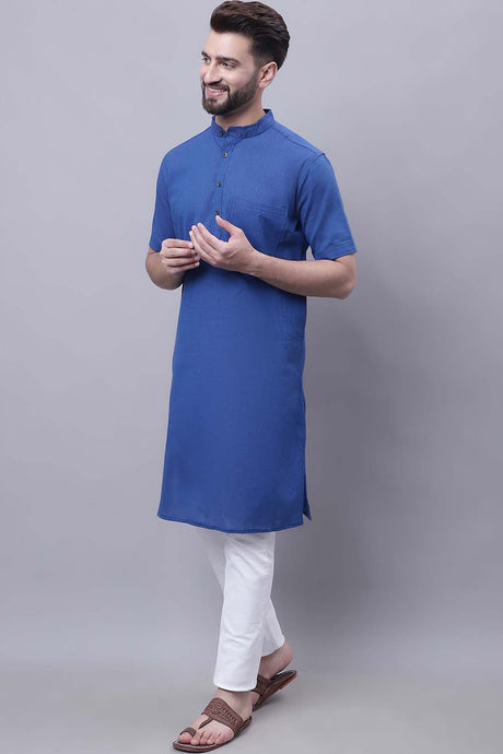 Buy Men's Blue Cotton Striped Long Kurta Top Online - Zoom Out