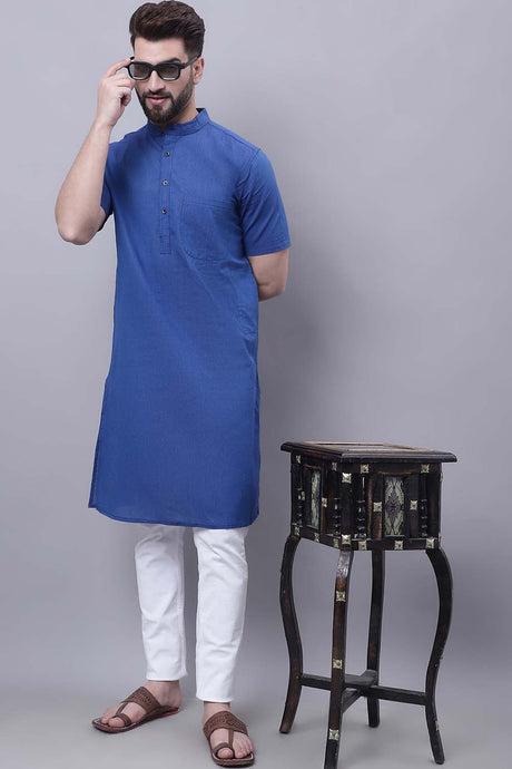 Buy Men's Blue Cotton Striped Long Kurta Top Online