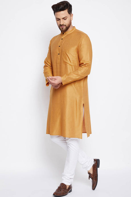 Buy Men's Viscose Solid Kurta in Yellow - Back