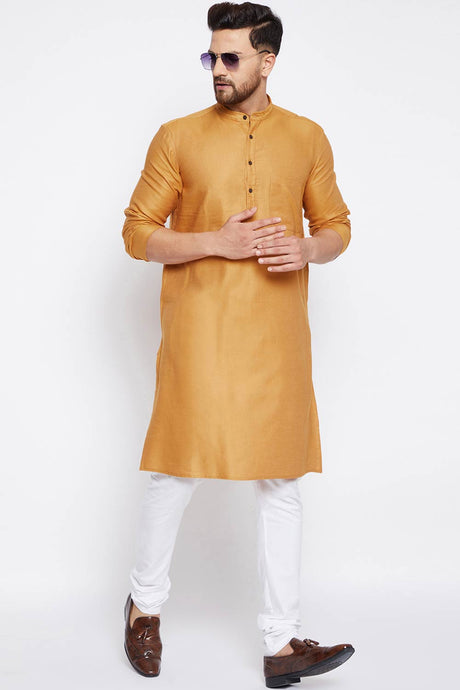 Buy Men's Viscose Solid Kurta in Yellow - Zoom in