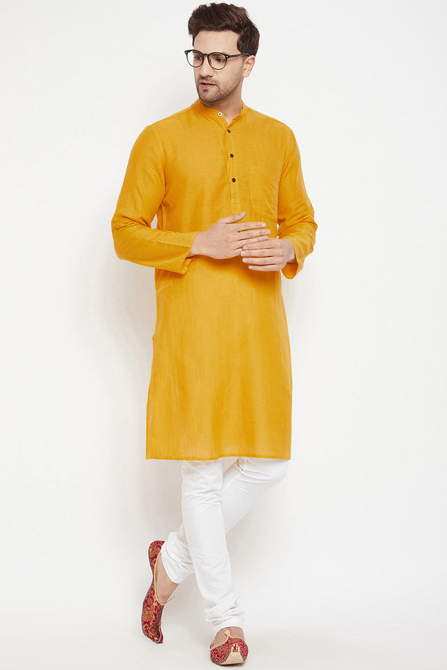 Buy Men's Pure Cotton Solid Kurta in Yellow