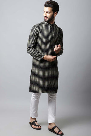 Buy Men's Brown Cotton Check Print Long Kurta Top Online - Front