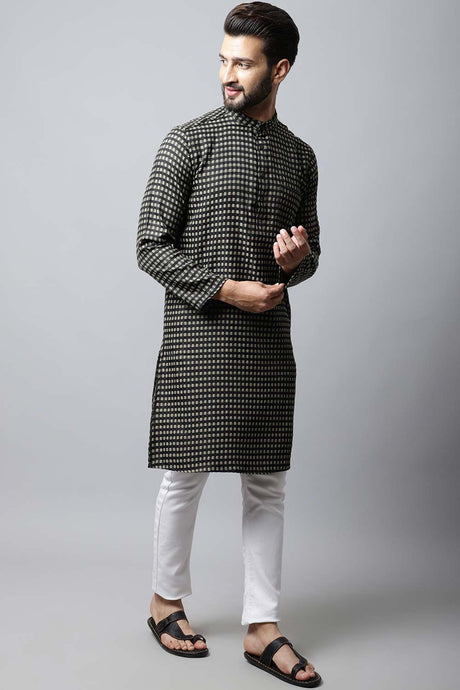 Buy Men's Brown Cotton Check Print Long Kurta Top Online - Front