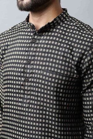 Buy Men's Brown Cotton Check Print Long Kurta Top Online - Side