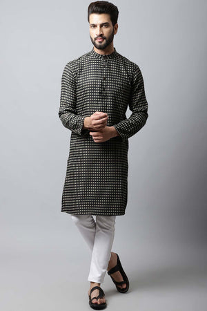 Buy Men's Brown Cotton Check Print Long Kurta Top Online
