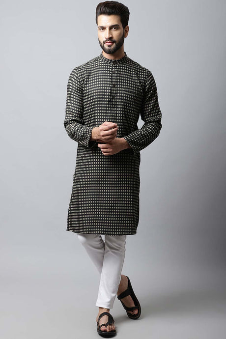 Buy Men's Brown Cotton Check Print Long Kurta Top Online