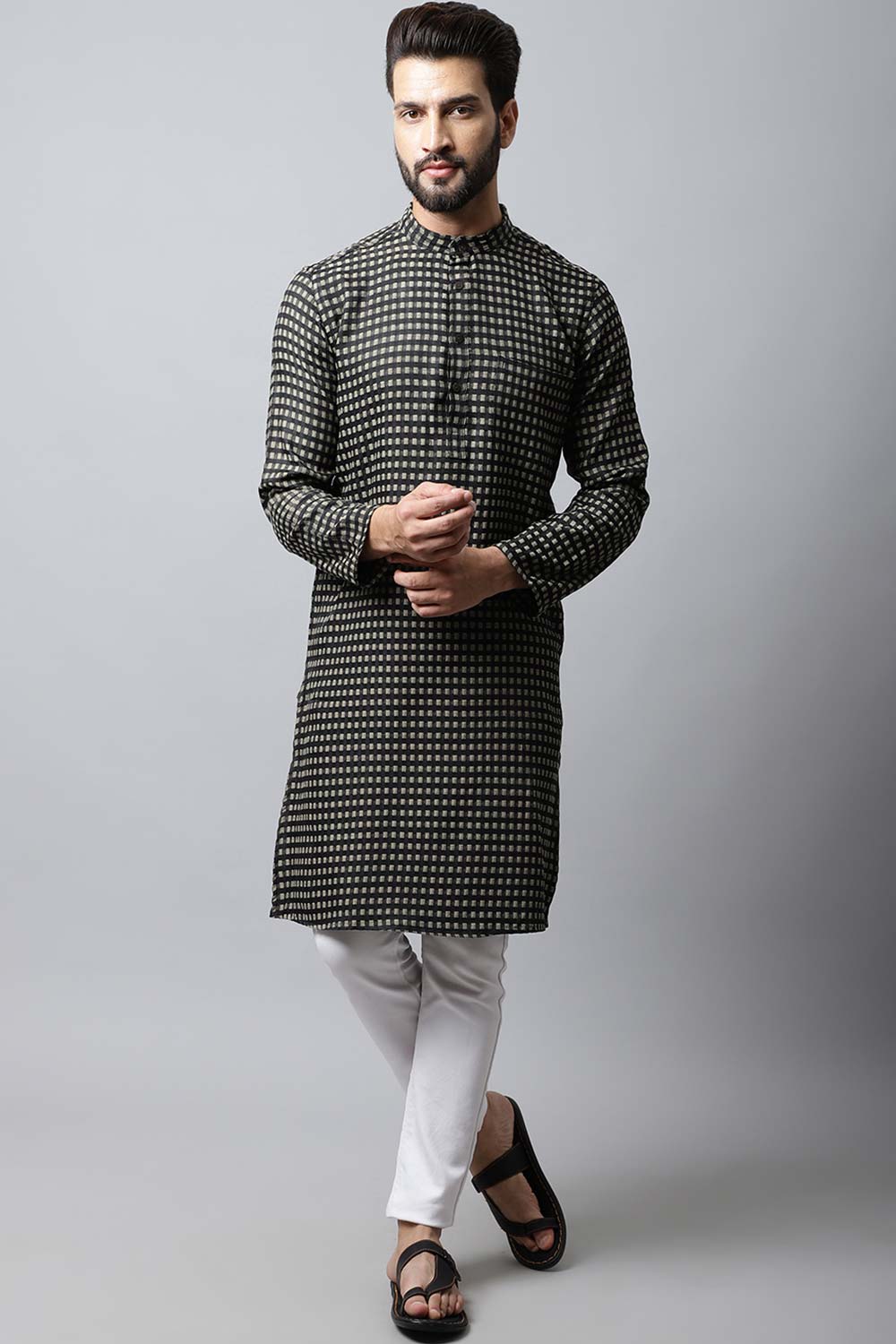 Men's Dark Brown Solid Full Sleeve Kurta Top