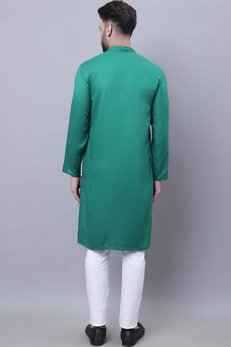 Buy Men's Green Viscose Rayon Solid Long Kurta Top Online - Back