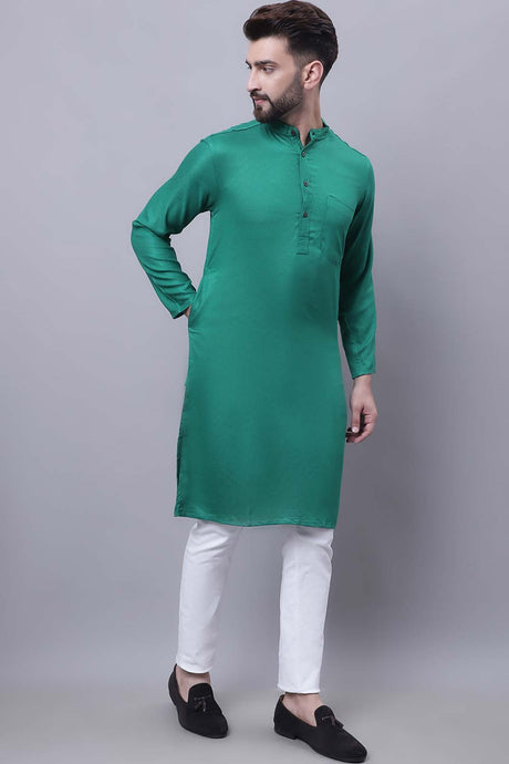 Buy Men's Green Viscose Rayon Solid Long Kurta Top Online - Front