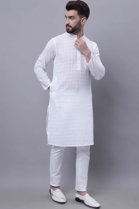 Buy Men's White Cotton Check Print Long Kurta Top Online - Front
