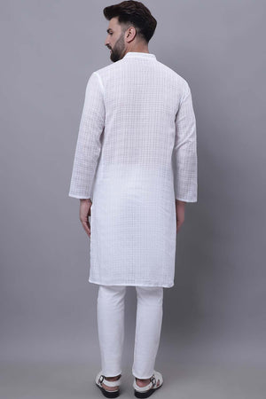 Buy Men's White Cotton Check Print Long Kurta Top Online - Side
