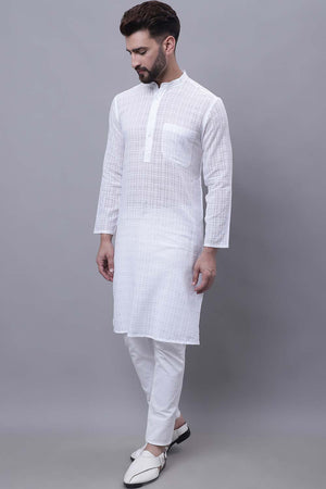 Buy Men's White Cotton Check Print Long Kurta Top Online - Zoom Out