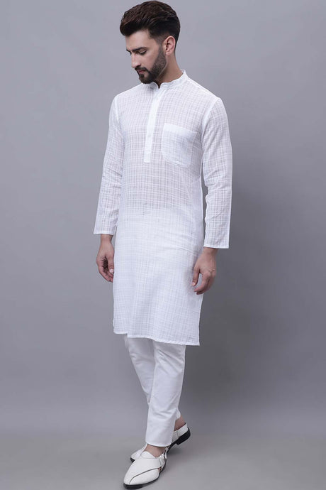 Buy Men's White Cotton Check Print Long Kurta Top Online - Zoom Out