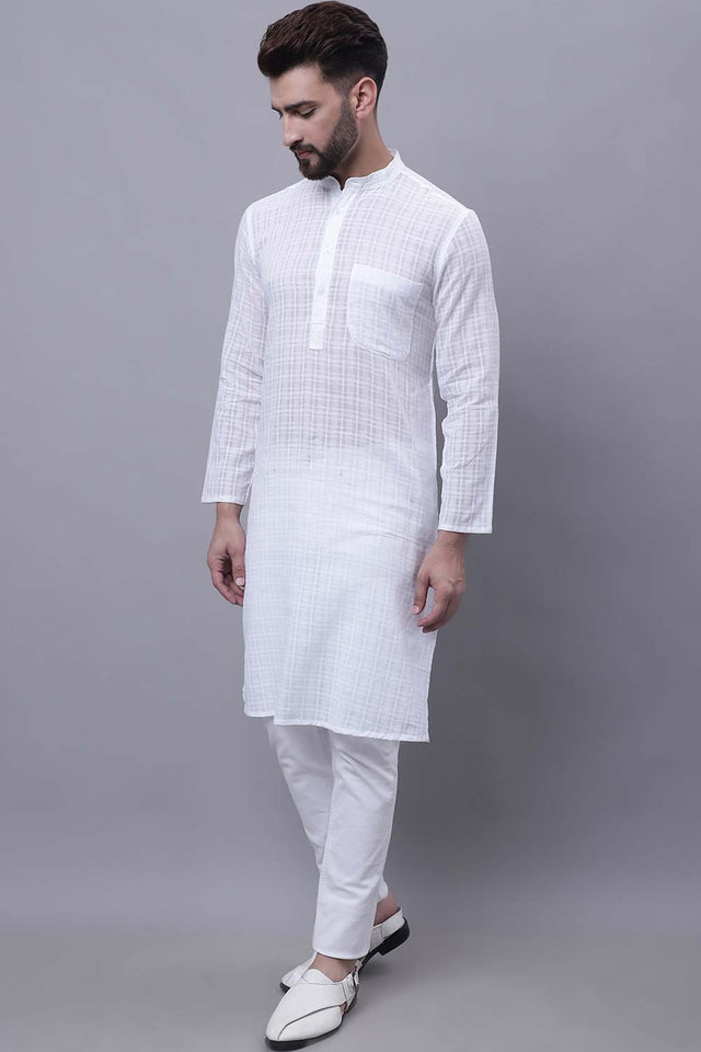 Buy Men's White Cotton Check Print Long Kurta Top Online - Zoom Out
