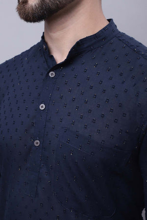 Buy Men's Blue Cotton Self Design Long Kurta Top Online - Zoom In