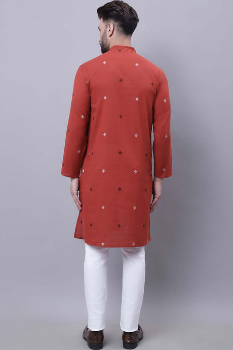 Buy Men's Rust Cotton Abstract Print Long Kurta Top Online - Side