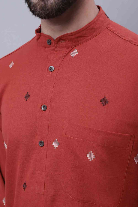 Buy Men's Rust Cotton Abstract Print Long Kurta Top Online - Zoom In