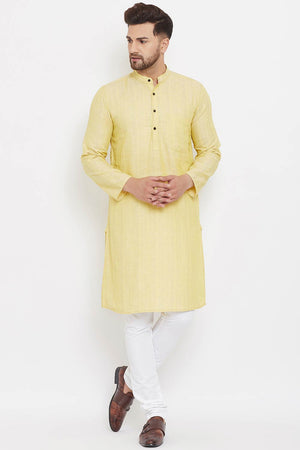 Buy Men's Linen Stripes Kurta in Yellow - Back