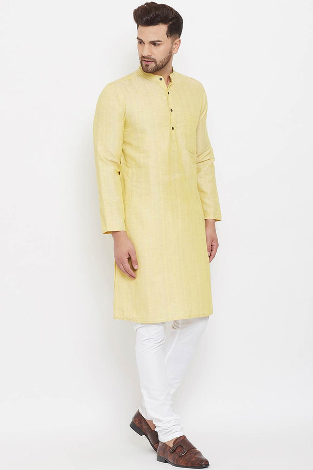 Buy Men's Linen Stripes Kurta in Yellow - Side