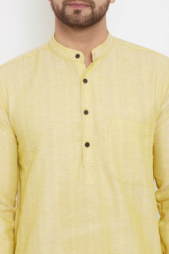 Buy Men's Linen Stripes Kurta in Yellow - Zoom Out